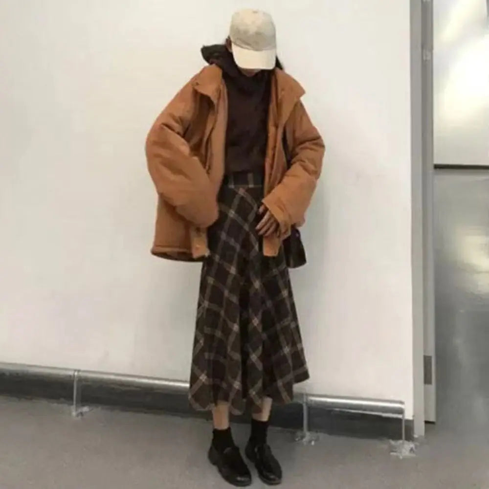 Elegant High Waist Retro Plaid Skirt Winter Autumu Classical High Waist Long Skirt Slim Fit Preppy Style A-line Half Dress Party