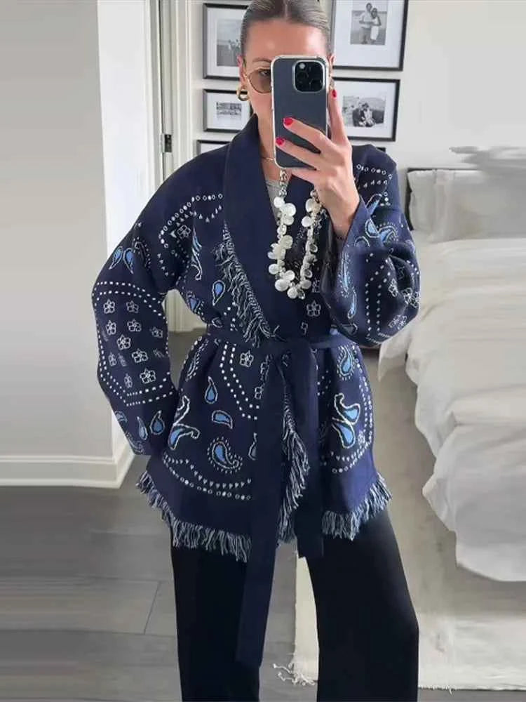 Vintage Tassels Print Women's Print Cardigan V-Neck Lace Up Full Sleeve Spliced Sweaters 2025 Autumn Lady All-match Kintwears