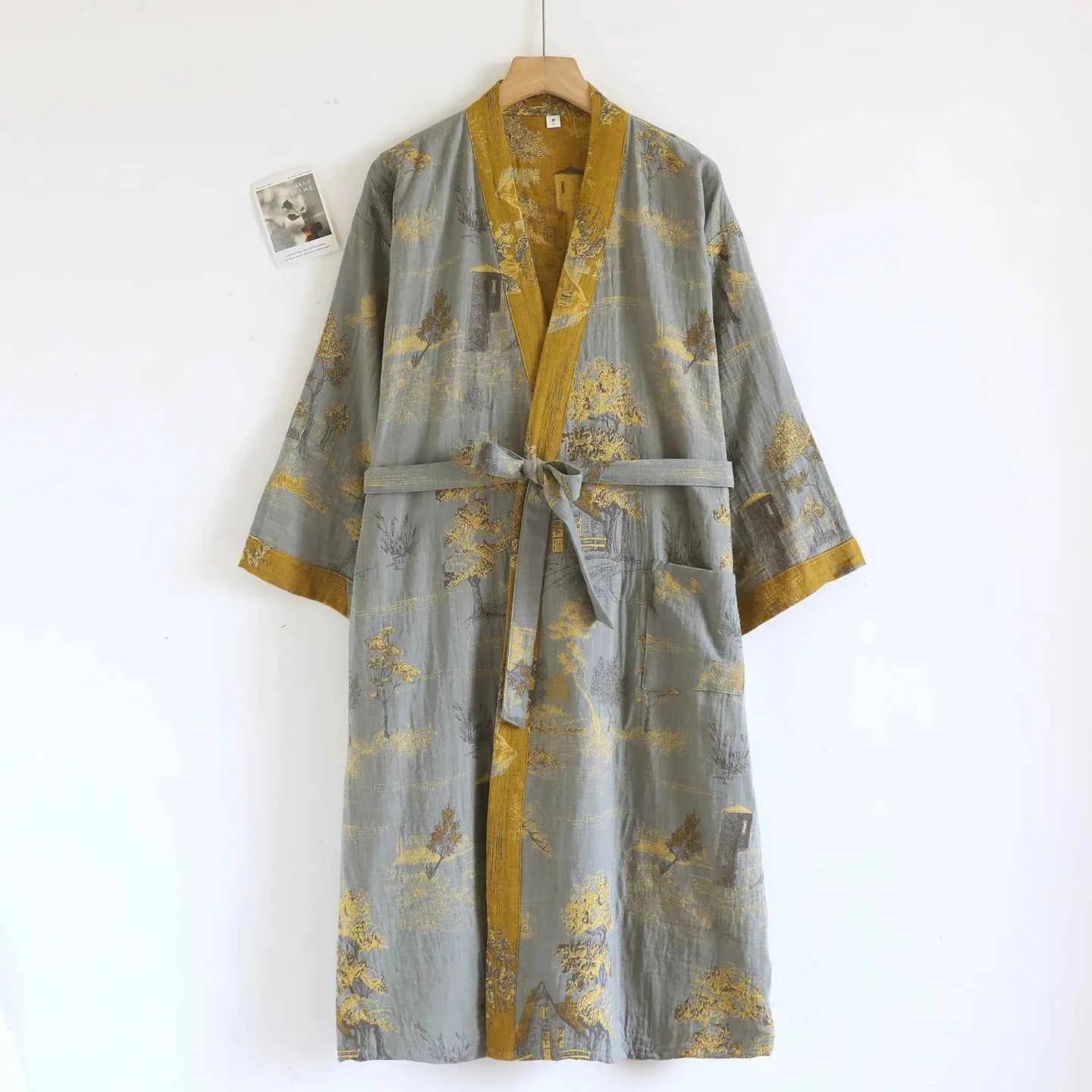 Cotton-colored Woven Jacquard Kimono Robes with Belt Loose Men's Long Sleeve Large Size Yukata Sweat-steamed Clothes