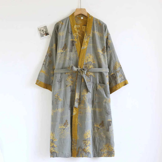 Cotton-colored Woven Jacquard Kimono Robes with Belt Loose Men's Long Sleeve Large Size Yukata Sweat-steamed Clothes