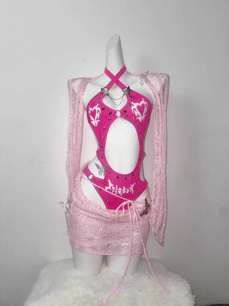 Original Barbie Powder Flash Three-dimensional Rivet-cut Onesie Tattered Wool Knitted Skirt Spice Girl For Suit SS69