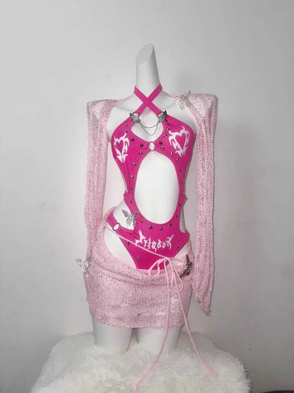 Original Barbie Powder Flash Three-dimensional Rivet-cut Onesie Tattered Wool Knitted Skirt Spice Girl For Suit SS69