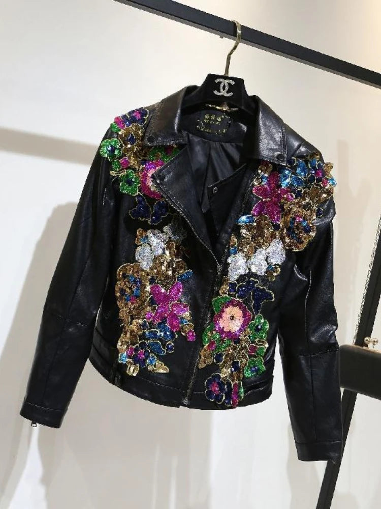 Chic Floral Sequined Embroidery Faux Leather Jacket Short Locomotive PU Coat Diamonds Beaded Turn Down Collar Zippers Streetwear SS69