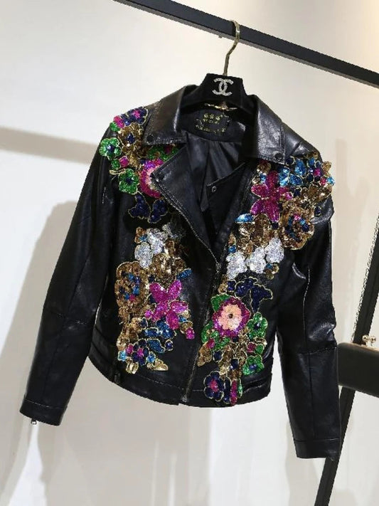 Chic Floral Sequined Embroidery Faux Leather Jacket Short Locomotive PU Coat Diamonds Beaded Turn Down Collar Zippers Streetwear SS69