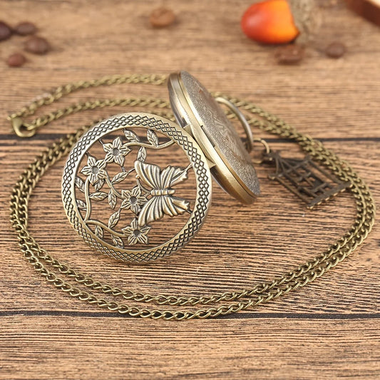 1pc Vintage Bronze Butterfly Flower Chain Pendant Pocket Watch SS69