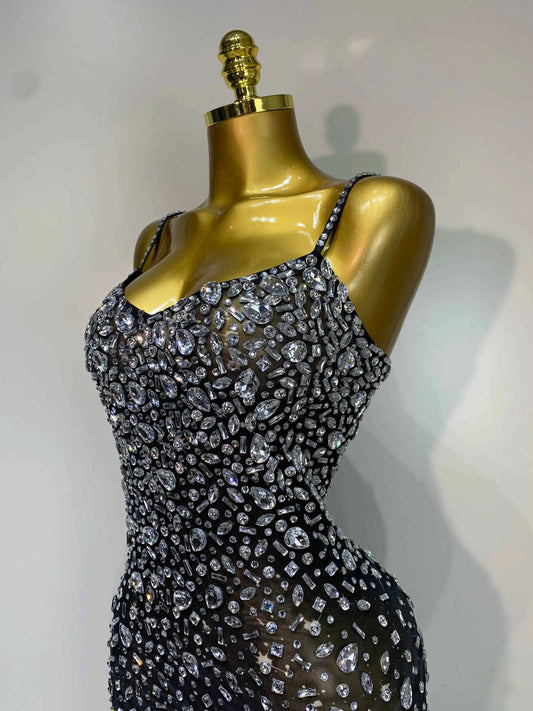 Luxury Rhinestones Sexy Mesh See Through Bodycon Dress Women Birthday Evening Cocktail party Gown Red Carpet Club Stage Outfit