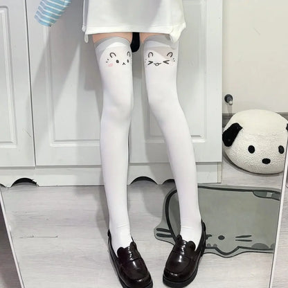 SS69 Japanese Kawaii Expression Thigh High Socks - White Plaid Over Knee