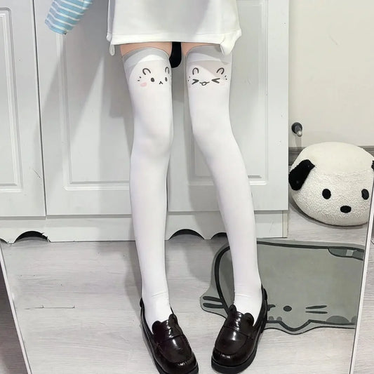 SS69 Japanese Kawaii Expression Thigh High Socks - White Plaid Over Knee