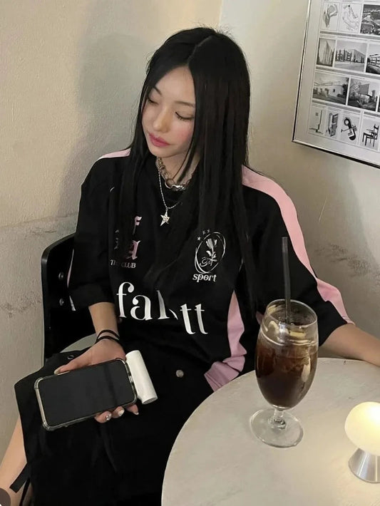 New Arriavl Korean Summer Black Pink Retro Patchwork 21 Jersey T-shirt Sports Breathable Short Sleeve Casual T-shirt for Women SS69