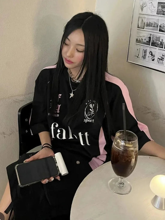 New Arriavl Korean Summer Black Pink Retro Patchwork 21 Jersey T-shirt Sports Breathable Short Sleeve Casual T-shirt for Women SS69