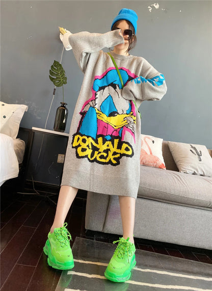 Korean Long-Sleeved Pullover Sweater Loose Fashion Women Autumn Winter Cartoon Embroidered Thickened Long Section Knitted Top SS69