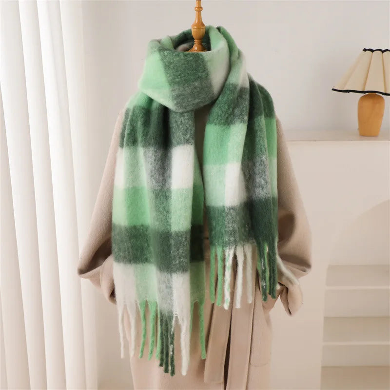 RUNMEIFACN Women's Winter Plaid Cashmere Blend Scarf with Tassels