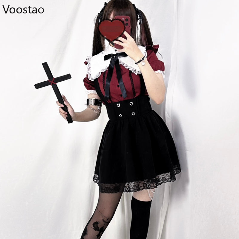 Gothic Y2k Lolita Shirt Japanese Harajuku Girls Sweet Lace Ruffles Bow Puff Sleeve Blouses Women Punk Clothes Tops Blusas Mujer SS69