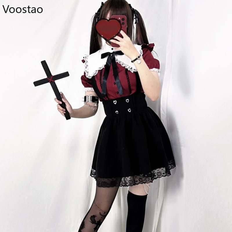 Gothic Y2k Lolita Shirt Japanese Harajuku Girls Sweet Lace Ruffles Bow Puff Sleeve Blouses Women Punk Clothes Tops Blusas Mujer SS69