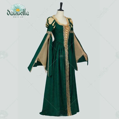 DAIZBELLA Women Medieval Renaissance Costume Pseudo-two-piece Vintage Renaissance Fair Dress with Wide Sleeves Lace