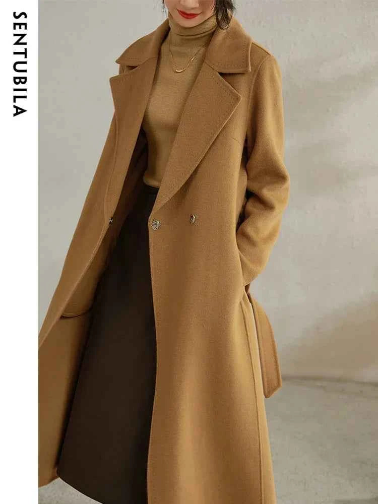 SENTUBILA Women 100% Wool Long Wrap Coat 2026 Elegant Notched Collar Belted Warm Double Faced Woolen Winter Overcoat W24O43352