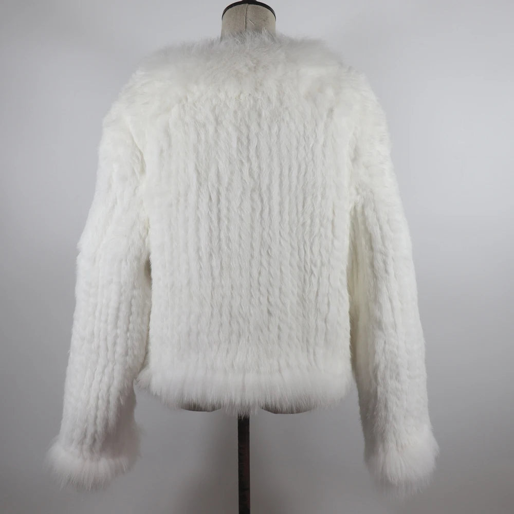 New Women Autumn Winter Knitted Real Rabbit Fur Coat 100% Natural Rabbit Fur Jacket With Fox Fur Collar Overcoat For Female