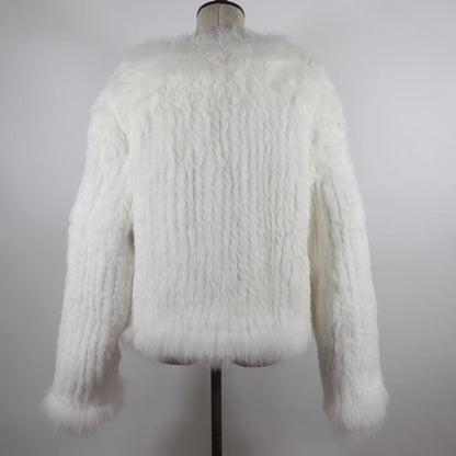 New Women Autumn Winter Knitted Real Rabbit Fur Coat 100% Natural Rabbit Fur Jacket With Fox Fur Collar Overcoat For Female