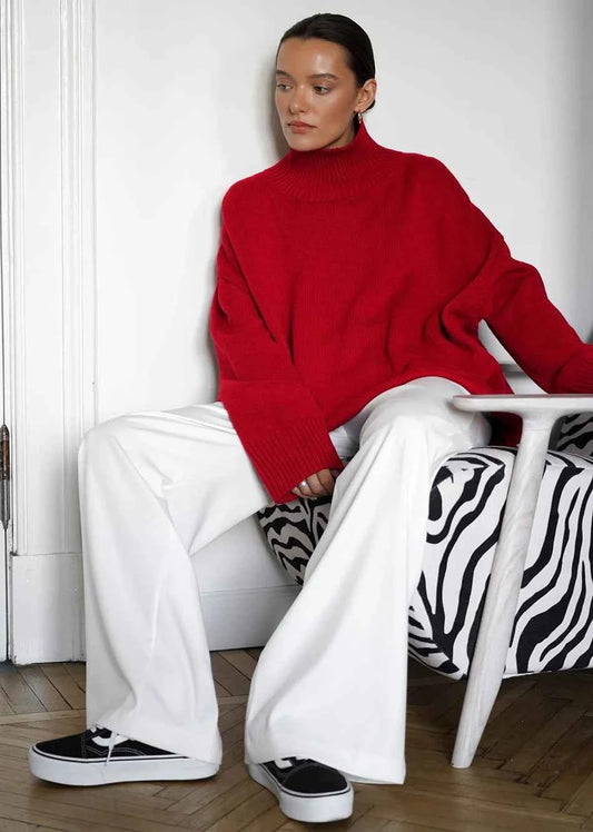 Autumn Women's Knitted Sweater Oversize High Collar Yellow Vintage Pullover Soft Winter Warm Vintage Red Sweaters for Women