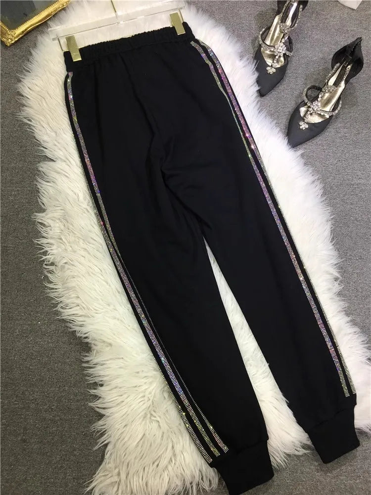 Oversized four-bar rhinestone diamond fall and winter sweatpants Slimming ankle tracksuit pants for women SS69