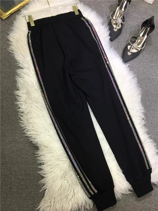 Oversized four-bar rhinestone diamond fall and winter sweatpants Slimming ankle tracksuit pants for women SS69