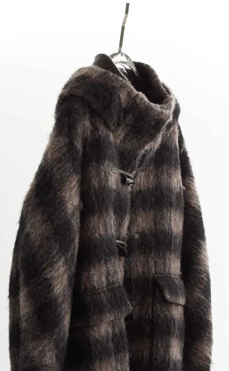 Plaid Coat~ Retro Style Horn Button Mid-Length Coat Women's Alpaca Wool Coat 2025 Winter British Style