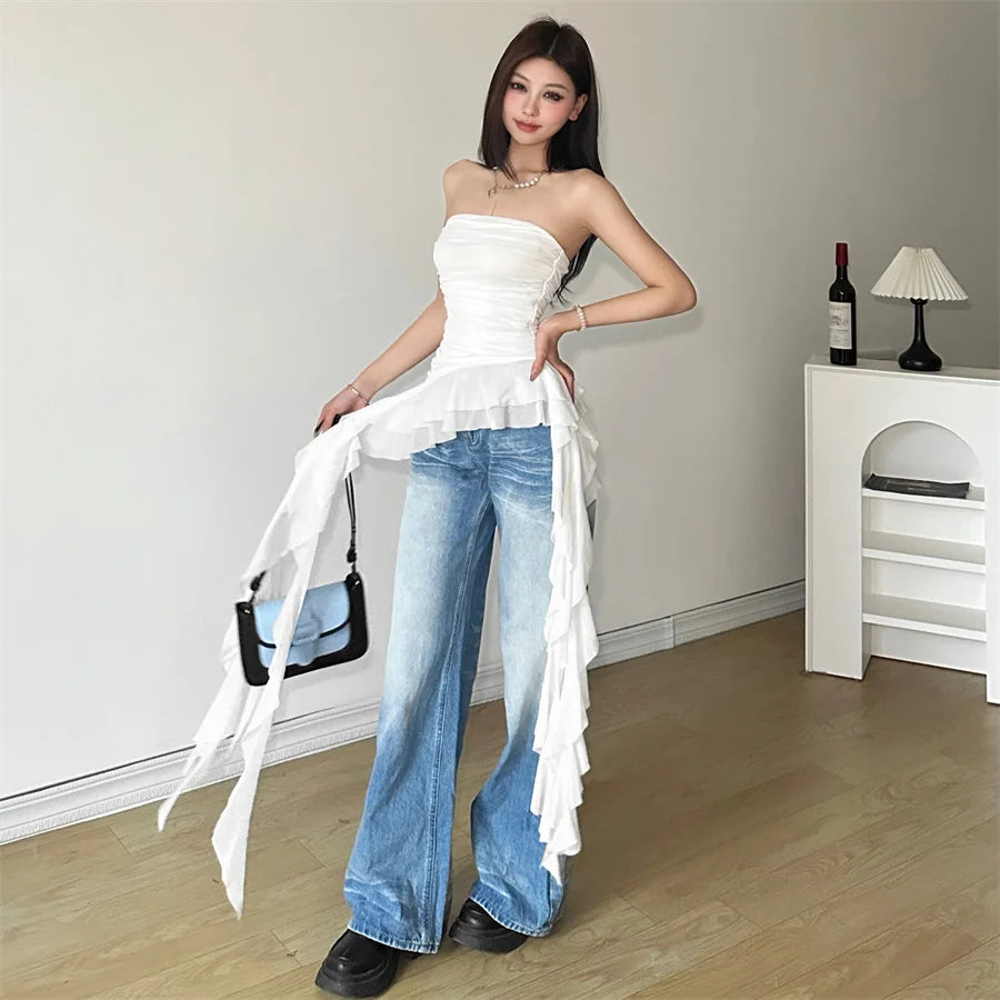 Nibber 2026 Spring New Solid Color Sweet Gentle Cute All-match High Street Travel Sexy Cool Women Chest Wrap ruched Tassel Vest