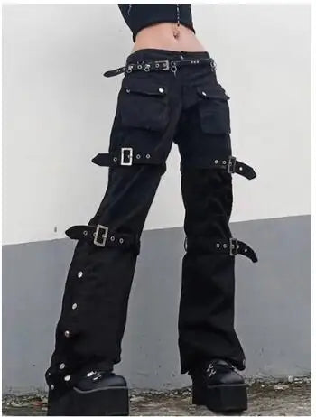 Cyber Punk Unisex Cargo Wide Leg Pants Chain Bandage Ruched Tie Capris Pants Women Gothic Baggy Trousers BF Hippie Grunge Jogger SS69 44.69 2 / S