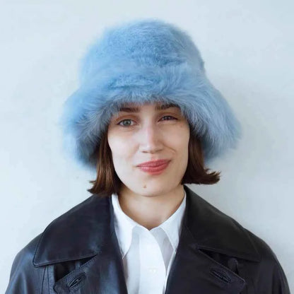 2025 Fluffy Faux Fur Bucket Hats Women Rabbit Fur Warm Thick Plush Winter Hat Lady Fashion Luxury Panama Furry Fisherman Cap Y2k