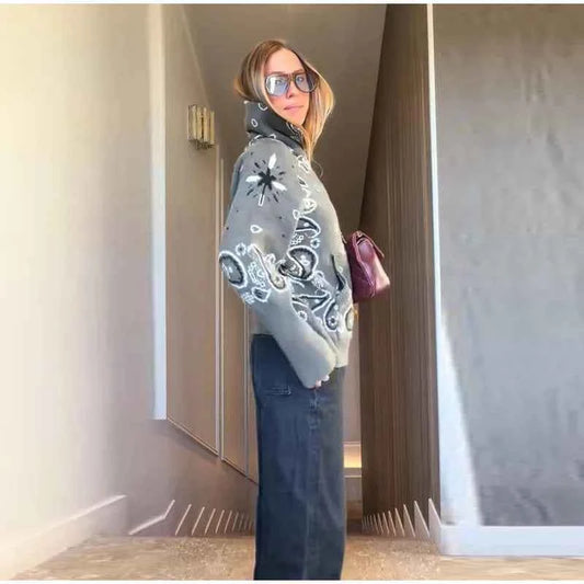 Warm Printed High Collar Knit Cardigans Women Contrast Jacquard Zipper Full Sleeve Pocket Sweater 2026 Spring Lady Chic Knitwear