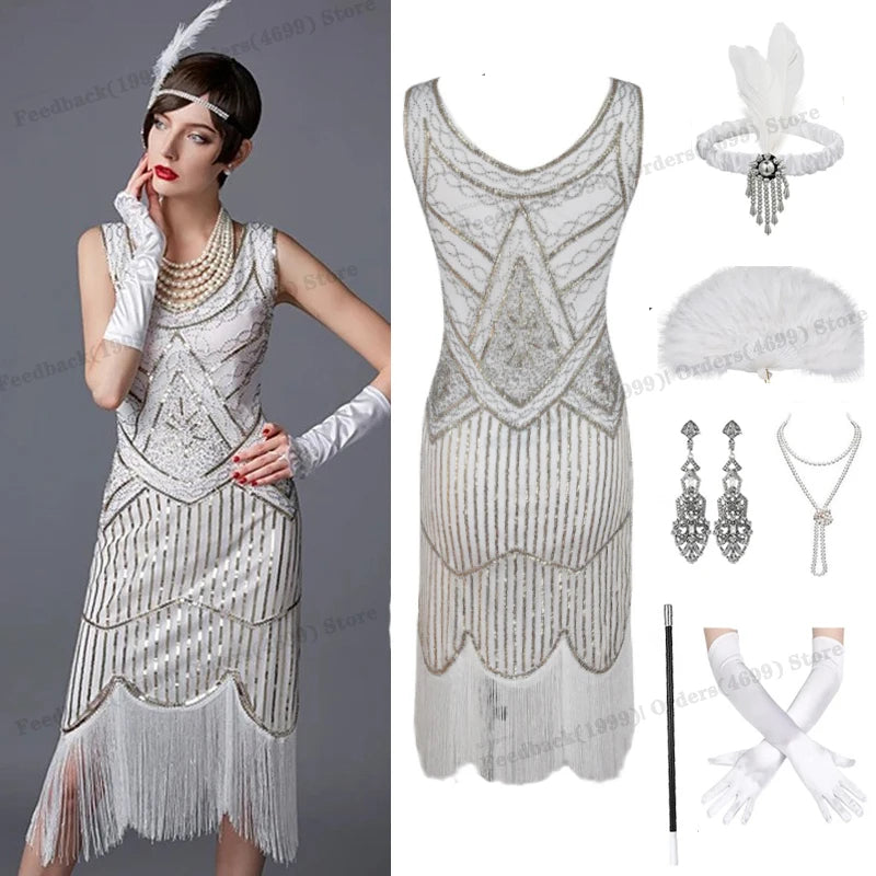 1920s Gatsby Dress 20s Flapper Girl Fancy Retro Sleeveless Sequins Embroidered Tassels Party Dress With Fan Necklace Accessories SS69