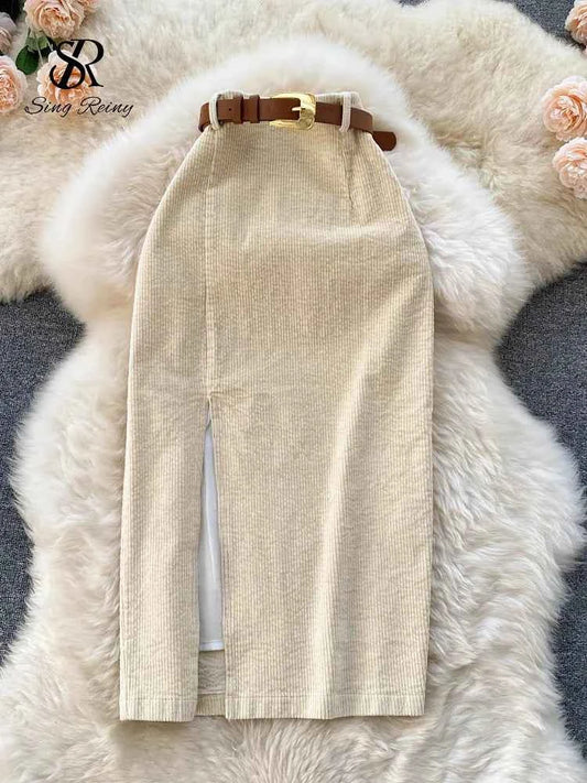 SINGREINY Women Korean Split Sexy Long Skirt 2024 Winter Corduroy Slim Thick Streetwear Fashion Vintage Autumn Bodycon Skirt