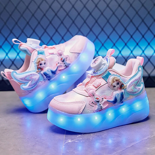 Disney Princess Two Wheels Children's Led Light Roller Skate Shoes For Girls 2025 Glowing Sports Luminous Sneakers