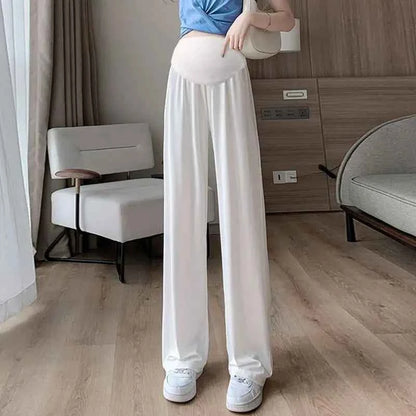 Summer Women's Maternity with Pockets Large Size Maternity Trousers Outside Wearing Thin Section of Ice Silk Draped Wide-Legged