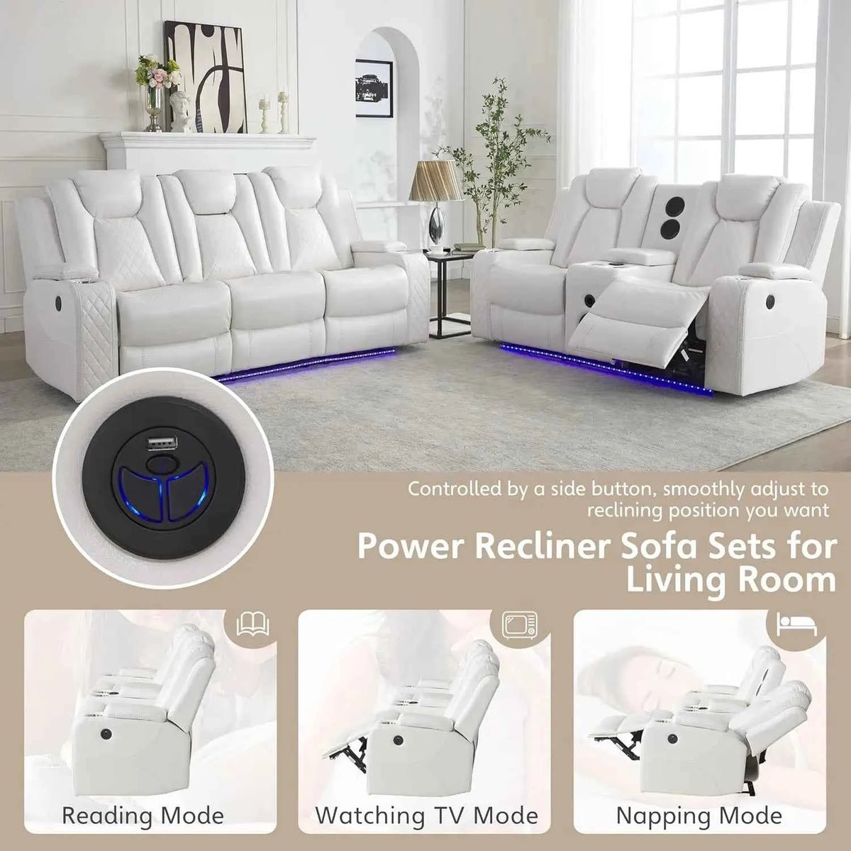TODRANI Power Reclining Sofa 0 Gravity w/ Wireless Charger,LED Floor Lights,Reading Light, Drop-down Table USB/Type-C Port(070)