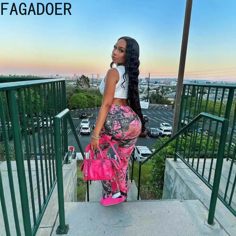 FAGADOER Y2k Fashion Pink Camouflage Print Pants Women Button High Waist Flare Pants Female INS New Autumn Streetwear Bottoms SS69