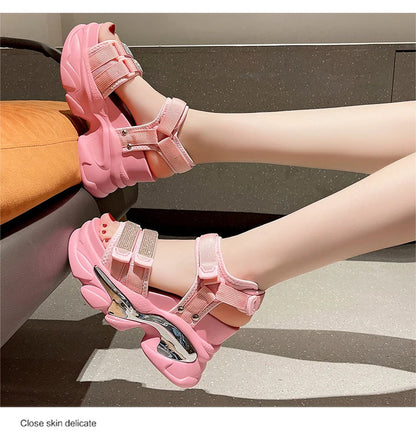 Summer High Platform Women Sandals Buckle 10CM Wedges Bling Shoes Fashion 2023 Outside Chunky Sandals Beach Casual Slides Woman SS69