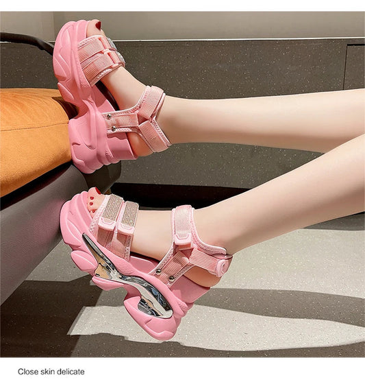 Summer High Platform Women Sandals Buckle 10CM Wedges Bling Shoes Fashion 2023 Outside Chunky Sandals Beach Casual Slides Woman SS69