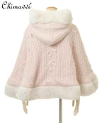 Autumn and Winter Japanese Liz Furry Knitted Cape Coat Sweet Girls Women Mine Series Cute Bow Princess Hooded Kawaii Lolita Coat