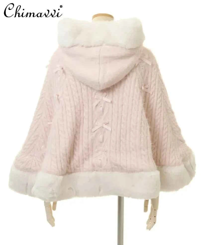 Autumn and Winter Japanese Liz Furry Knitted Cape Coat Sweet Girls Women Mine Series Cute Bow Princess Hooded Kawaii Lolita Coat
