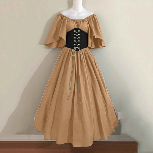 Halloween Costumes for Women Medieval Retro Contrasting Color Slim Swing Dress One-word Shoulder Dress Love Live Cosplay