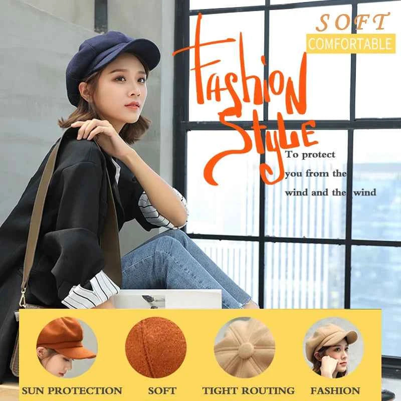 Solid Color Korean Style Woolen Octagonal Hat for Women Autumn/Winter New Style Duckbill Beret, Trendy British Style Painter Hat