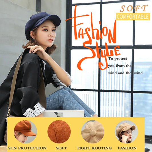 Solid Color Korean Style Woolen Octagonal Hat for Women Autumn/Winter New Style Duckbill Beret, Trendy British Style Painter Hat