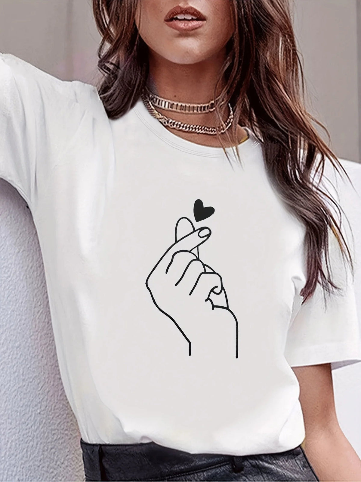 Cute Print Solid Crew Neck T-Shirt, Short Sleeve Casual Every Day Top For All Season, Women's Clothing SS69