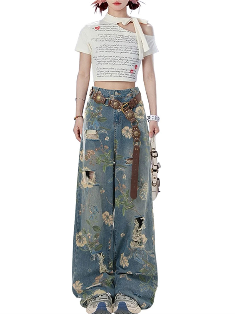 Women Y2k Graphic Print Ripped Jeans Baggy Harajuku 90s Aesthetic Denim Trousers Vintage Japanese 2000s Style Trashy Jean Pants SS69