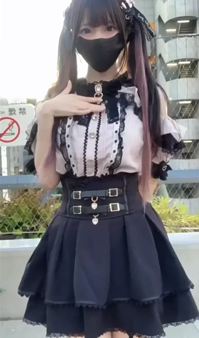 Japanese Kawaii Mini Cake Skirts Womens Jupe Fairy Bandage Lolita High Waist Y2k Aesthetic Sweet Lace Gothic JK Faldas Skirt SS69