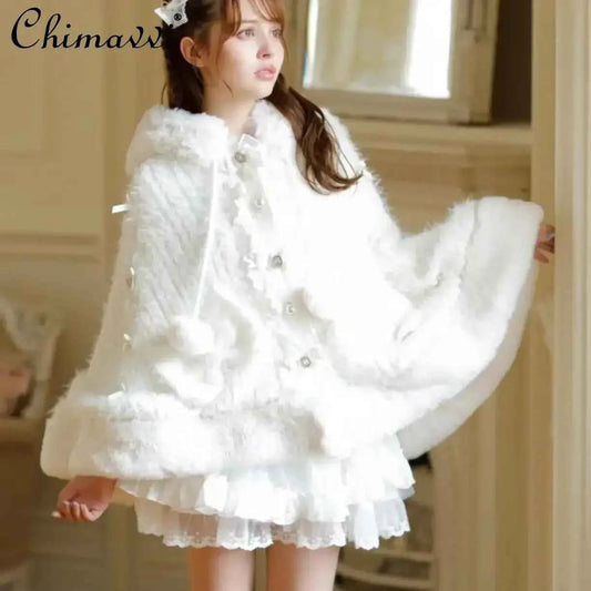 Autumn and Winter Japanese Liz Furry Knitted Cape Coat Sweet Girls Women Mine Series Cute Bow Princess Hooded Kawaii Lolita Coat