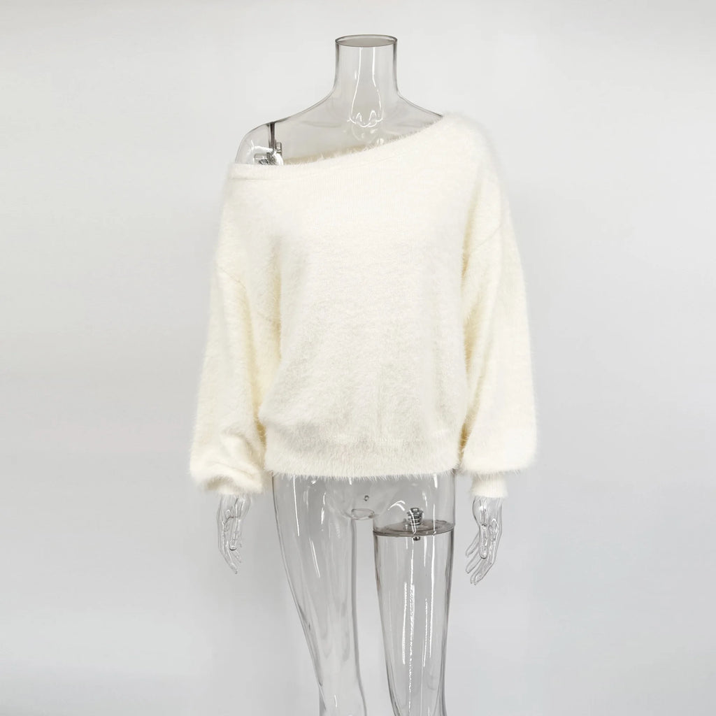 Talenza Women's Plush Pullover Fashion Solid Loose High Street Sweaters Vintage Chic Strapless Autumn Casual Female Pullovers