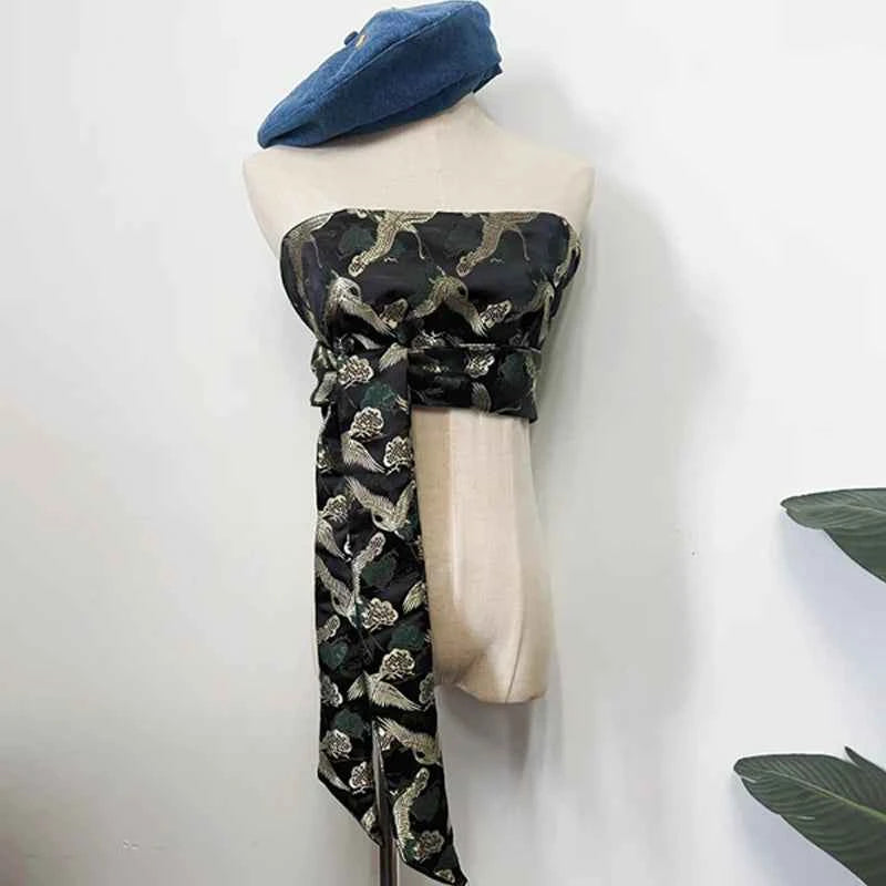Traditional Japanese Kimono Yukata Obi Belt Crane Floral Printed Haori Belt Brocade Jacquard Waistband Shirt  Decor Accessories