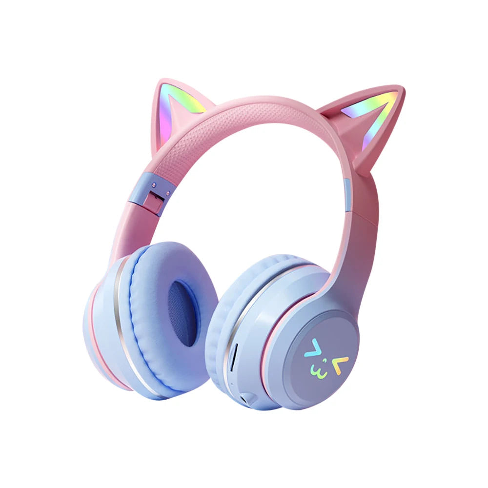 Gradient wireless Headphones RGB cute cat ear Bluetooth Earphones with microphone Stereo Music Game Earphone Girls Kids Gifts SS69 24.69 Blue